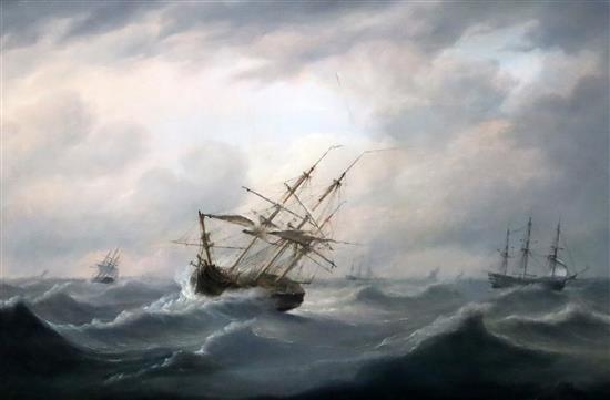 Manner of Thomas Luny (1759-1837) Shipping on a rough sea 15.25 x 23.5in.